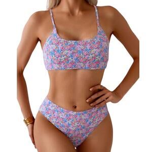 Women Floral Bikini Set Blue Pink Scoop Neck Cheeky Size M